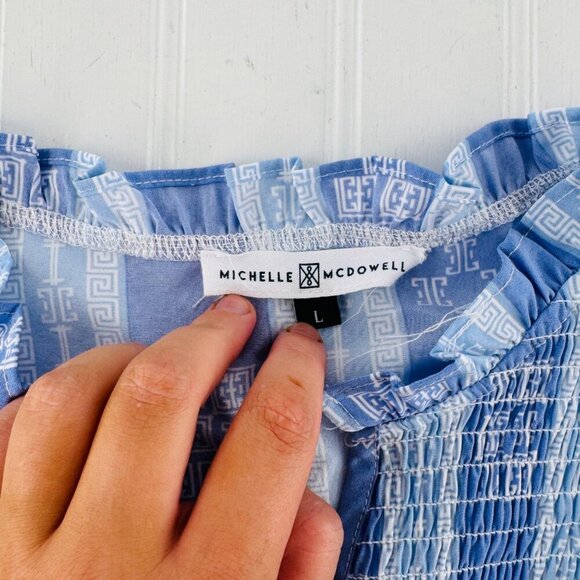 Michelle McDowell Womens Large Blue & White Patterned Smocked Blouse - Picture 2 of 5